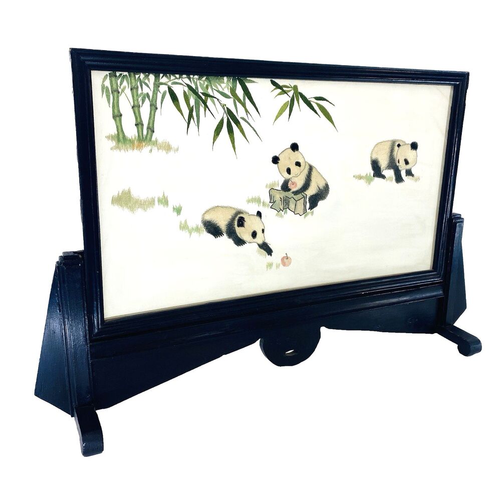 Vintage Embroidered Silk Panda Bamboo Oriental Asia Art Center Piece Table Decor